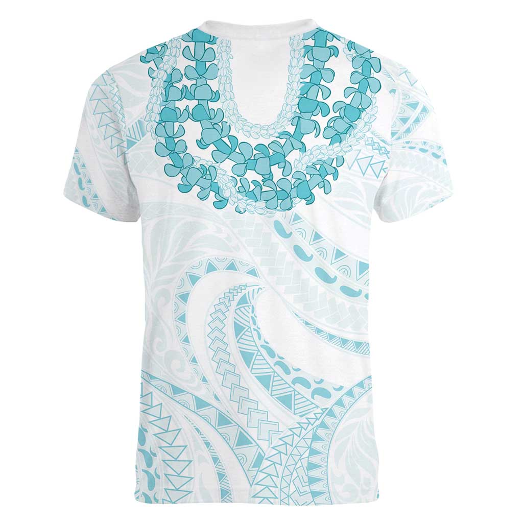 Aloha Lei Onaona Women V-Neck T-Shirt Teal Hawaiian Tribal Pattern