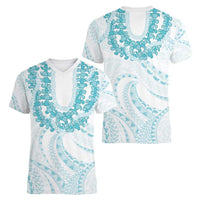 Aloha Lei Onaona Women V-Neck T-Shirt Teal Hawaiian Tribal Pattern