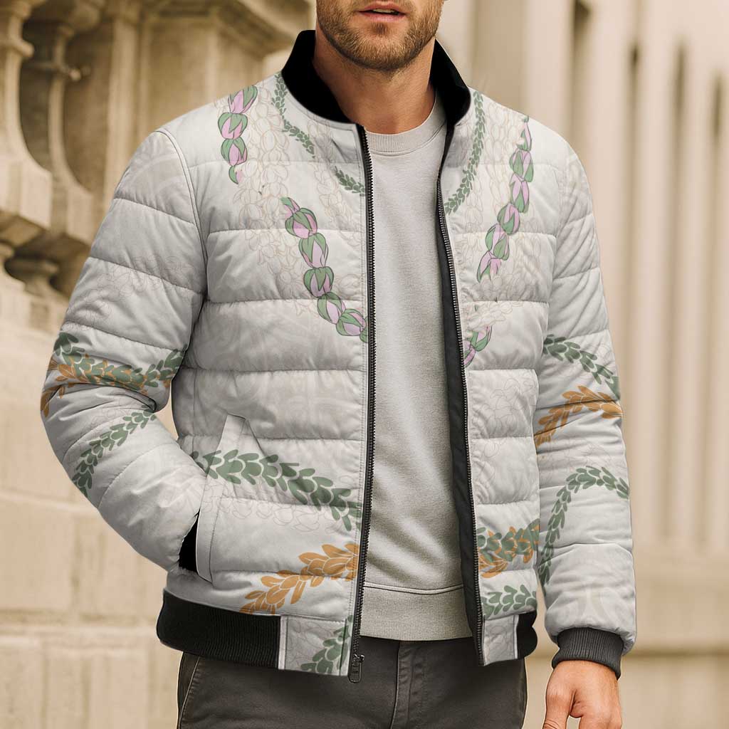 Aloha Lei Mikioi Bomber Puffer Jacket Beige Polynesian Tribal Tatau Pattern - Polynesian Pride