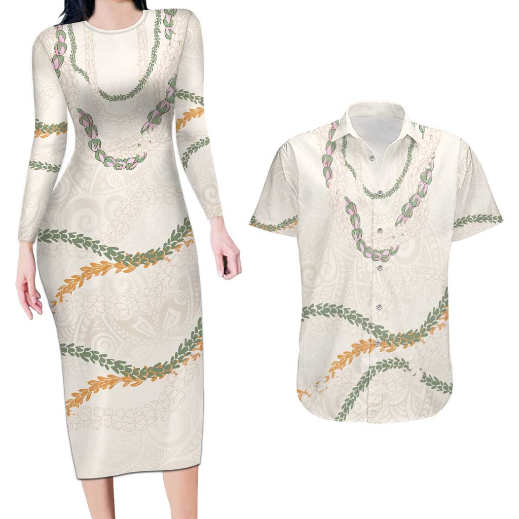 Aloha Lei Mikioi Couples Matching Long Sleeve Bodycon Dress and Hawaiian Shirt Beige Polynesian Tribal Tatau Pattern