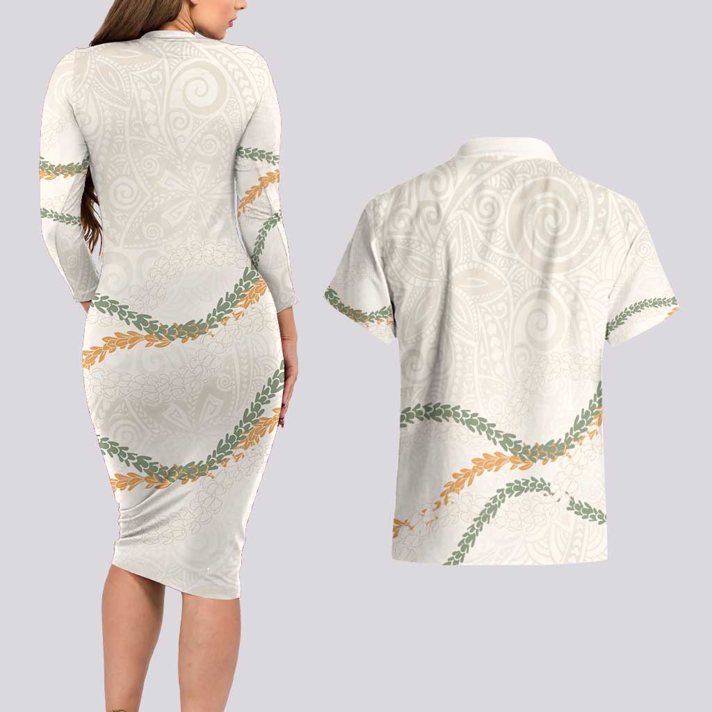 Aloha Lei Mikioi Couples Matching Long Sleeve Bodycon Dress and Hawaiian Shirt Beige Polynesian Tribal Tatau Pattern