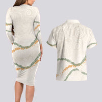 Aloha Lei Mikioi Couples Matching Long Sleeve Bodycon Dress and Hawaiian Shirt Beige Polynesian Tribal Tatau Pattern
