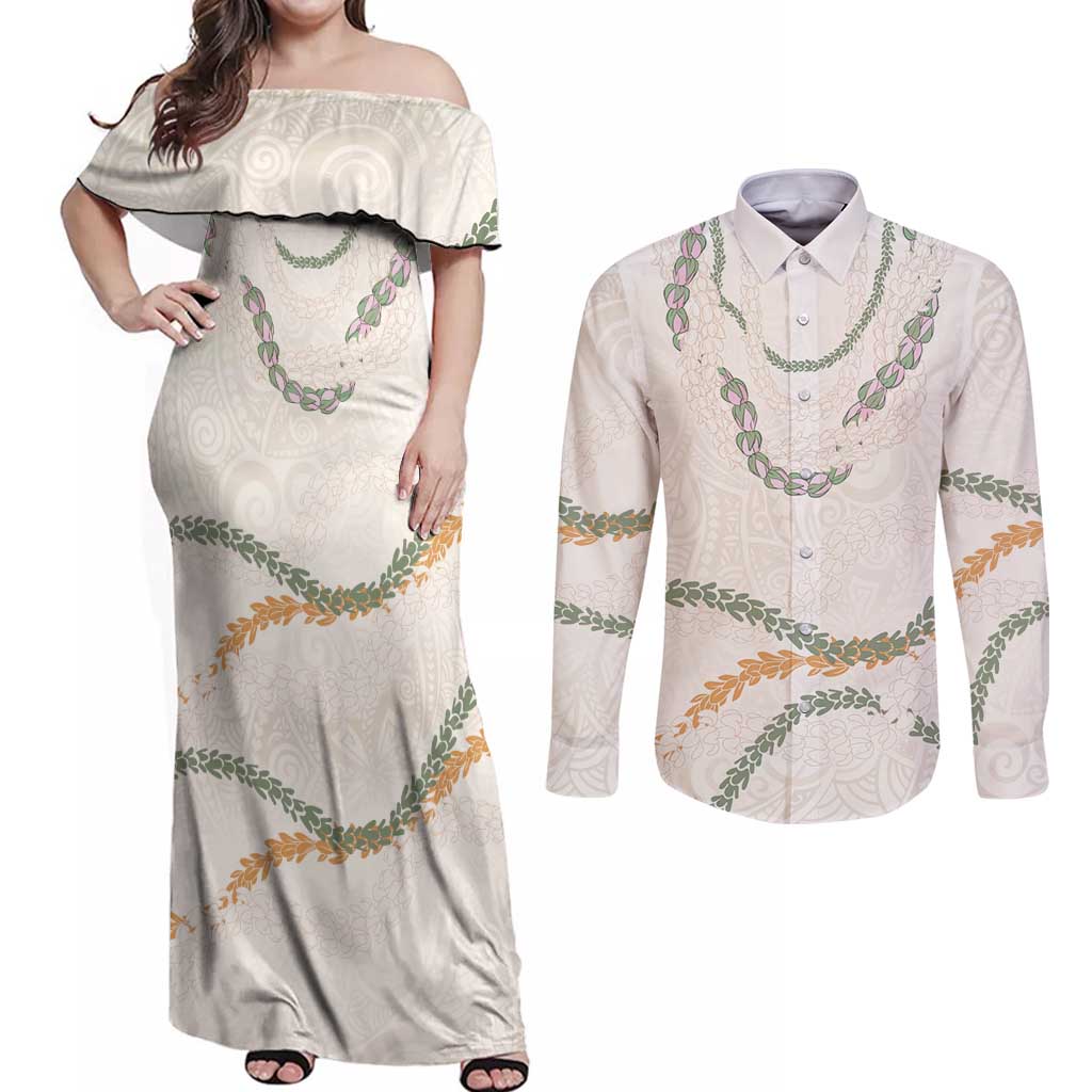 Aloha Lei Mikioi Couples Matching Off Shoulder Maxi Dress and Long Sleeve Button Shirt Beige Polynesian Tribal Tatau Pattern