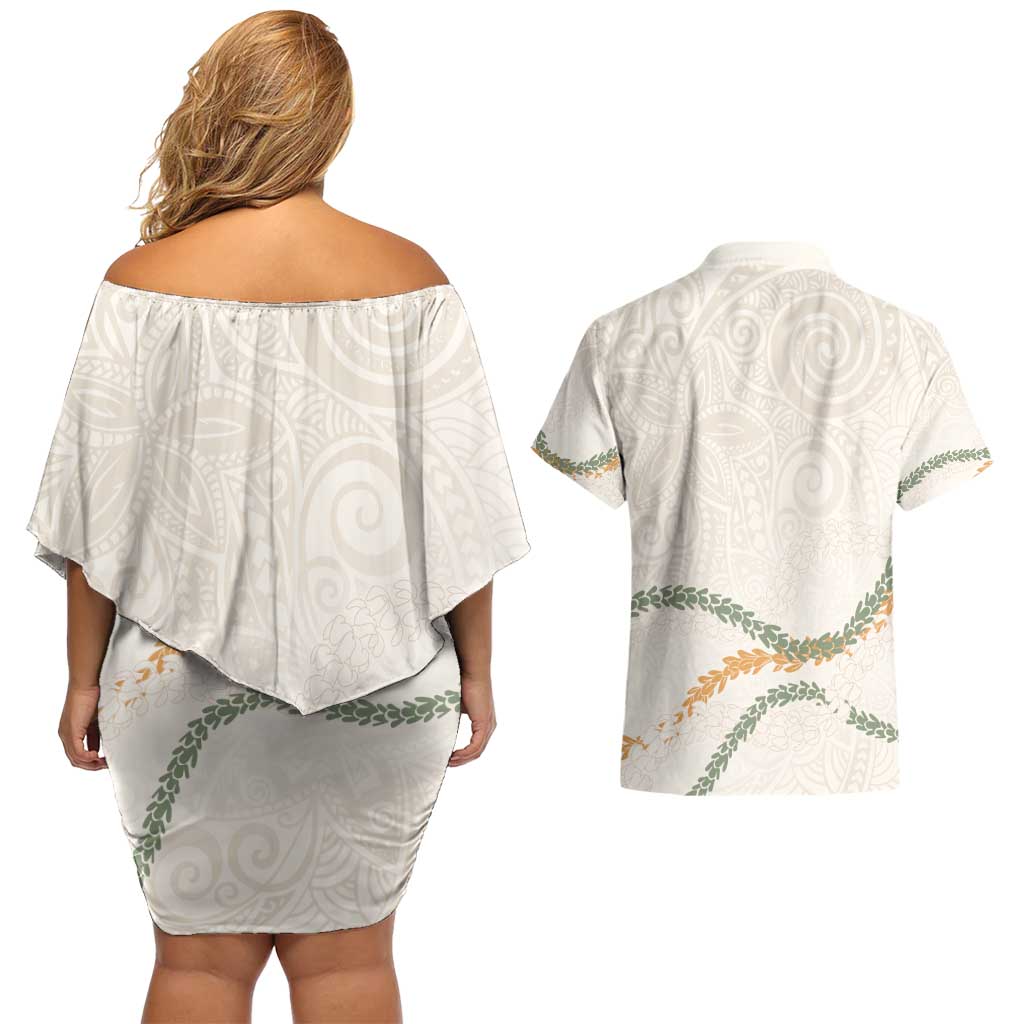 Aloha Lei Mikioi Couples Matching Off Shoulder Short Dress and Hawaiian Shirt Beige Polynesian Tribal Tatau Pattern