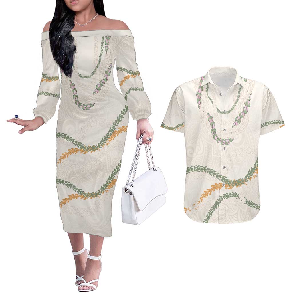 Aloha Lei Mikioi Couples Matching Off The Shoulder Long Sleeve Dress and Hawaiian Shirt Beige Polynesian Tribal Tatau Pattern