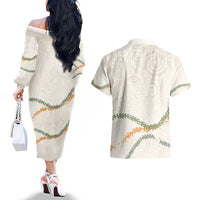 Aloha Lei Mikioi Couples Matching Off The Shoulder Long Sleeve Dress and Hawaiian Shirt Beige Polynesian Tribal Tatau Pattern