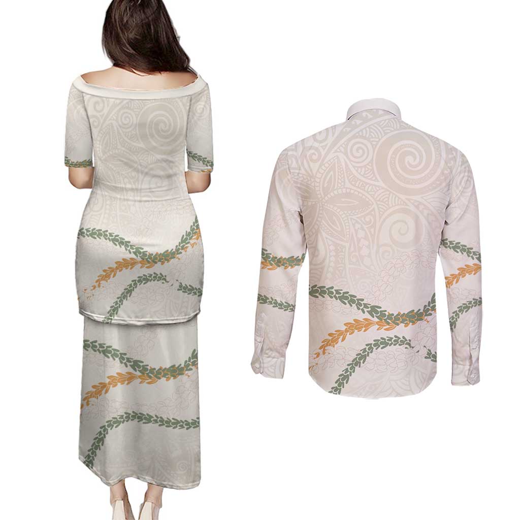 Aloha Lei Mikioi Couples Matching Puletasi and Long Sleeve Button Shirt Beige Polynesian Tribal Tatau Pattern