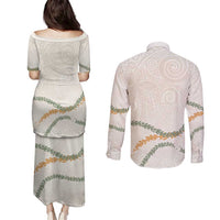Aloha Lei Mikioi Couples Matching Puletasi and Long Sleeve Button Shirt Beige Polynesian Tribal Tatau Pattern