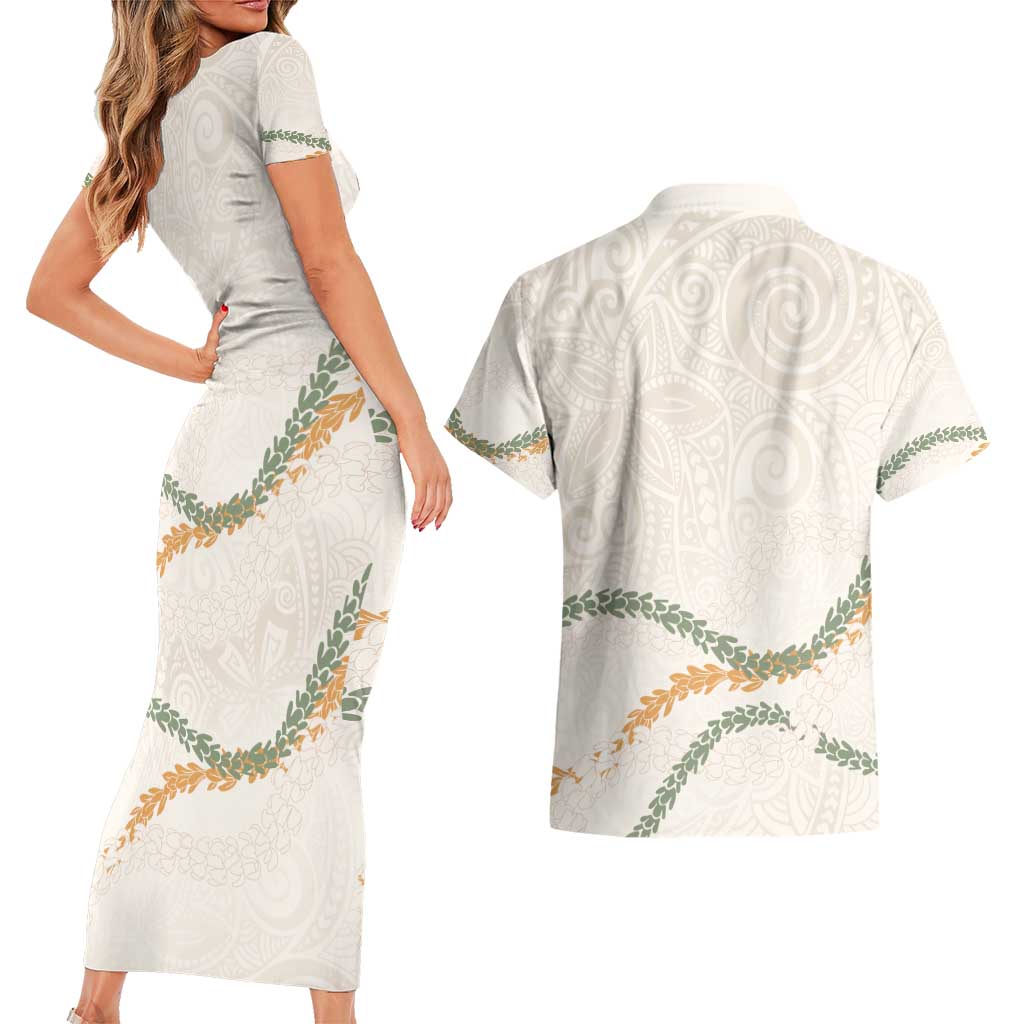 Aloha Lei Mikioi Couples Matching Short Sleeve Bodycon Dress and Hawaiian Shirt Beige Polynesian Tribal Tatau Pattern