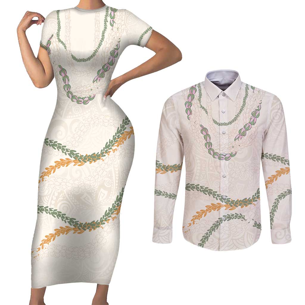 Aloha Lei Mikioi Couples Matching Short Sleeve Bodycon Dress and Long Sleeve Button Shirt Beige Polynesian Tribal Tatau Pattern