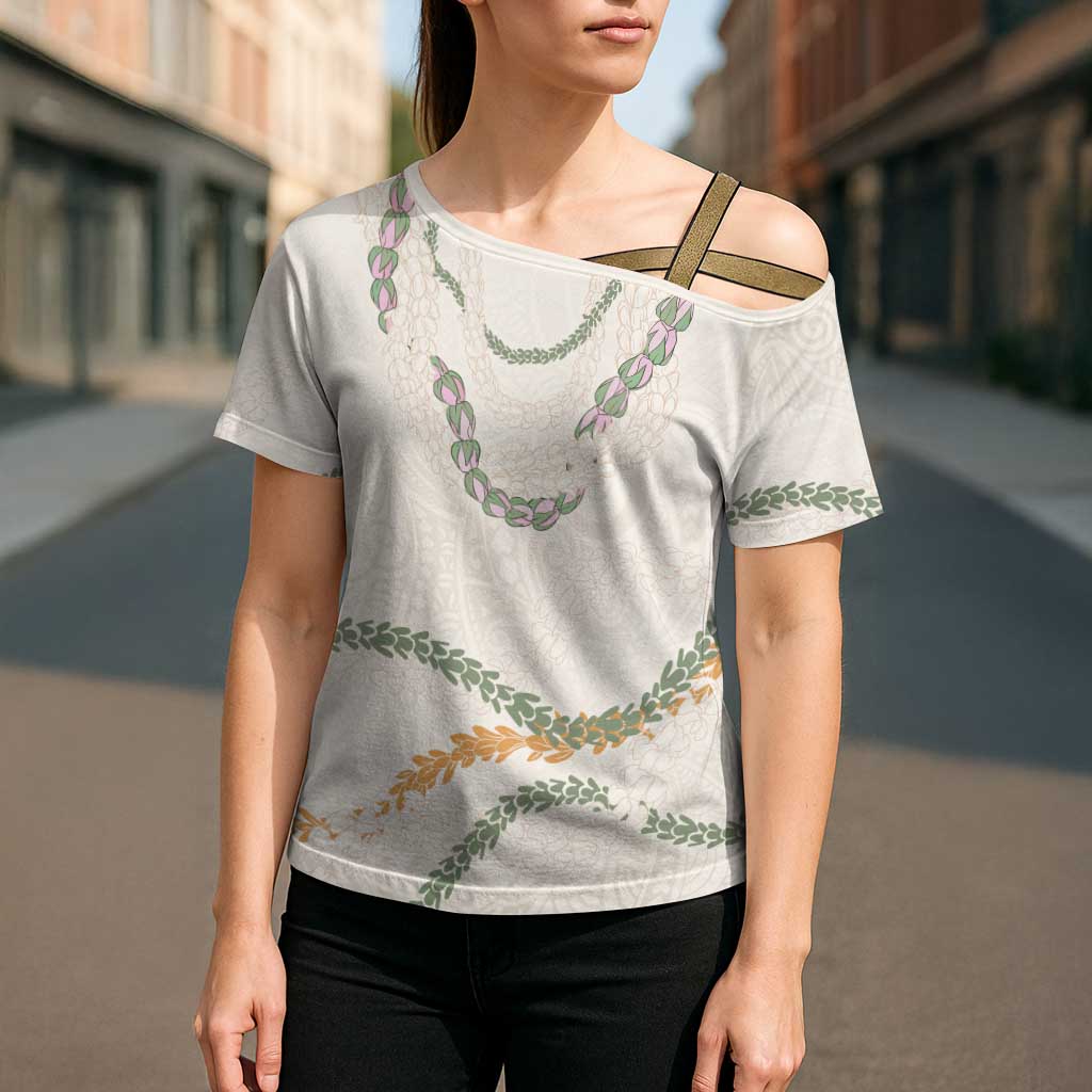 Aloha Lei Mikioi Cross Shoulder Shirt Beige Polynesian Tribal Tatau Pattern - Polynesian Pride