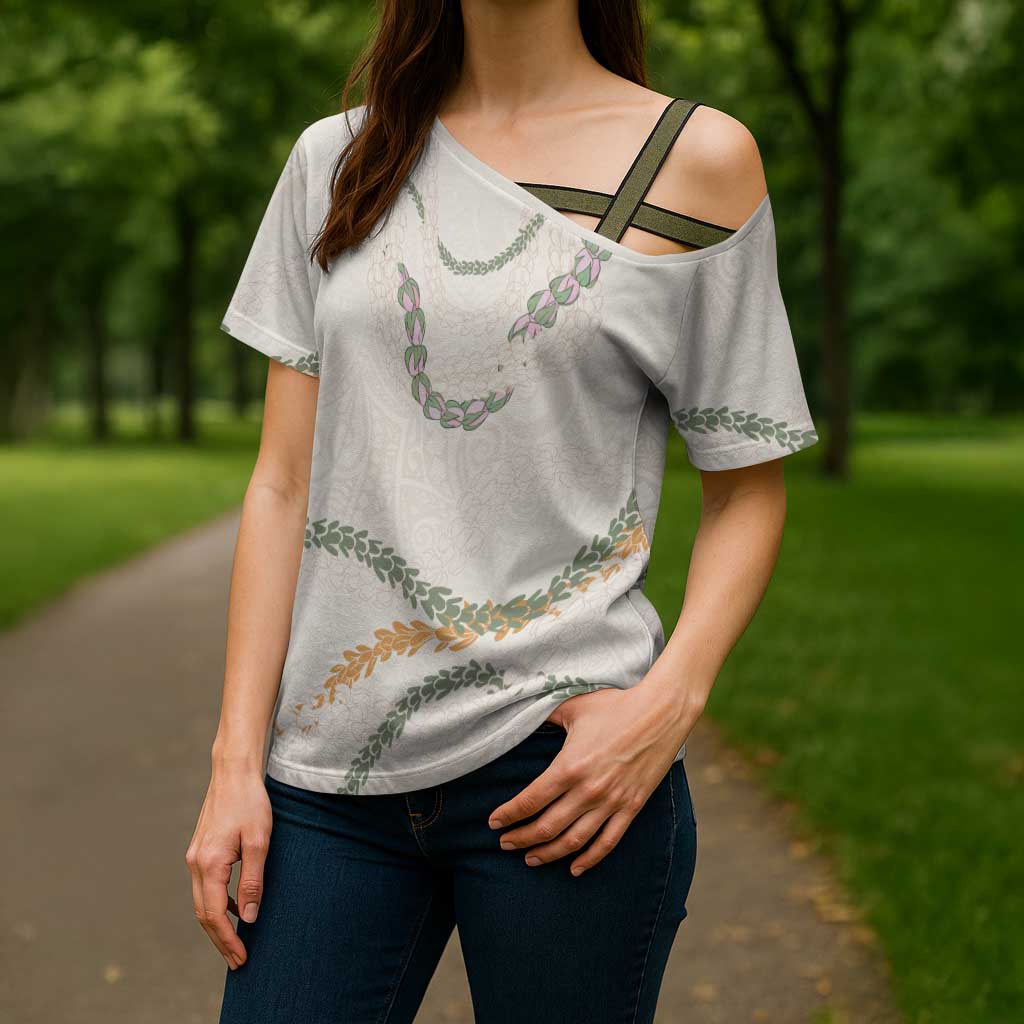 Aloha Lei Mikioi Cross Shoulder Shirt Beige Polynesian Tribal Tatau Pattern - Polynesian Pride