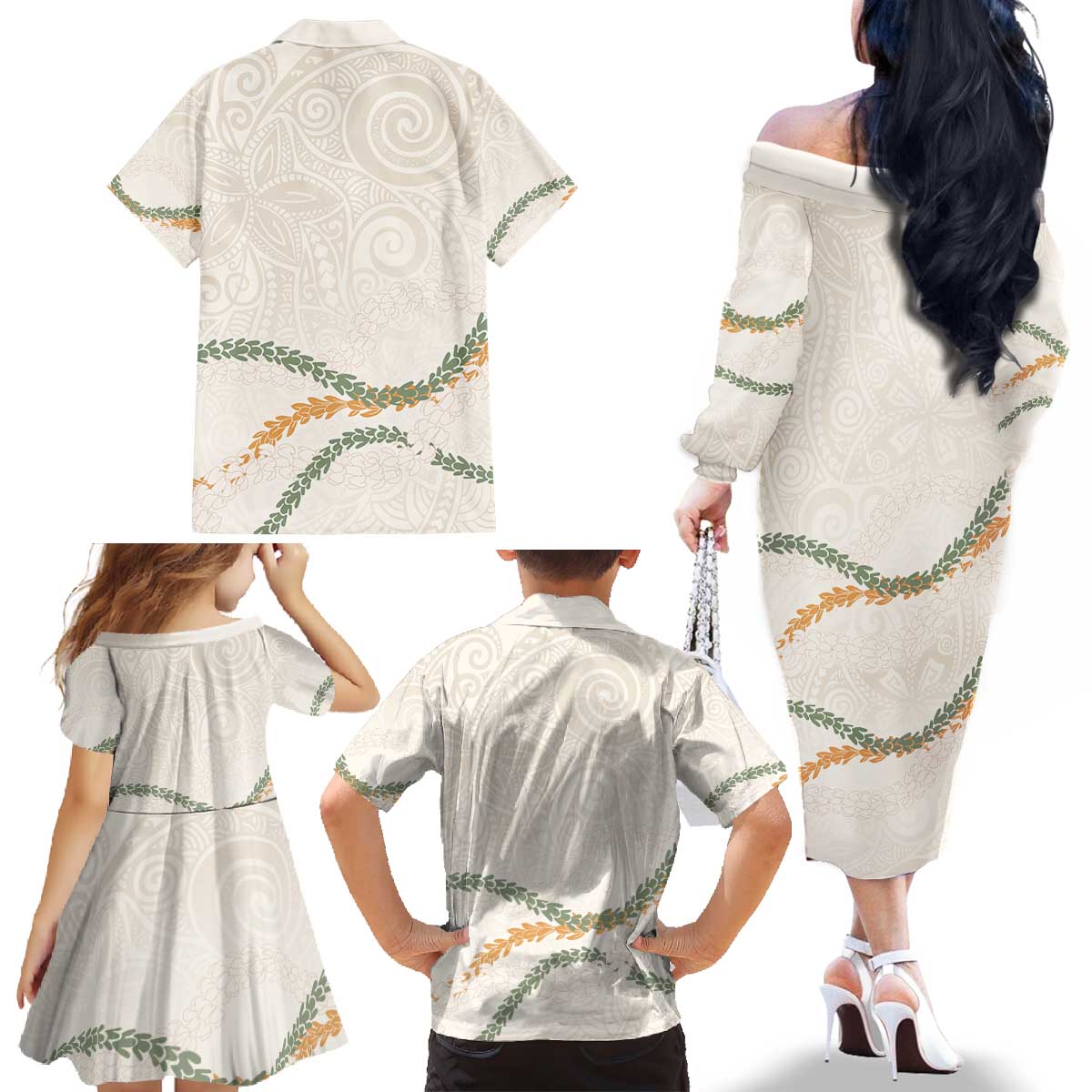 Aloha Lei Mikioi Family Matching Off The Shoulder Long Sleeve Dress and Hawaiian Shirt Beige Polynesian Tribal Tatau Pattern