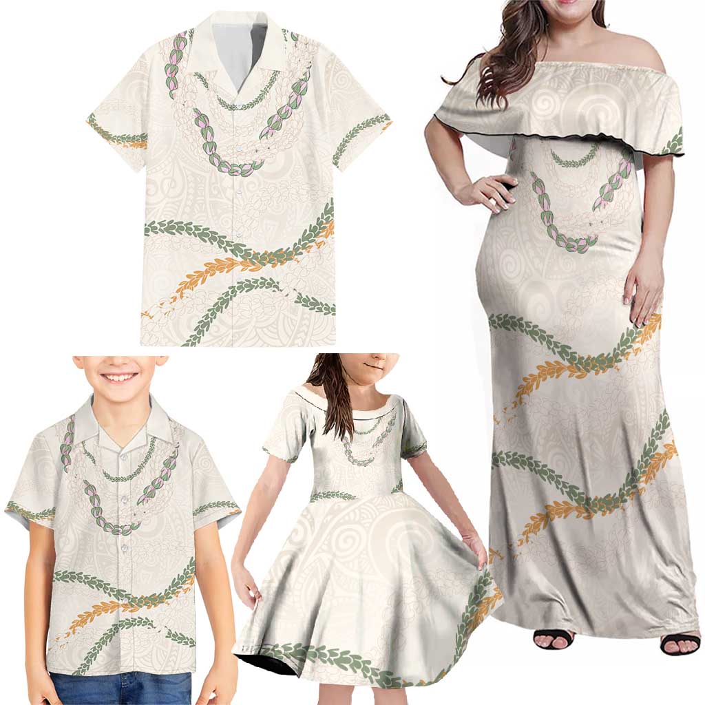 Aloha Lei Mikioi Family Matching Off Shoulder Maxi Dress and Hawaiian Shirt Beige Polynesian Tribal Tatau Pattern