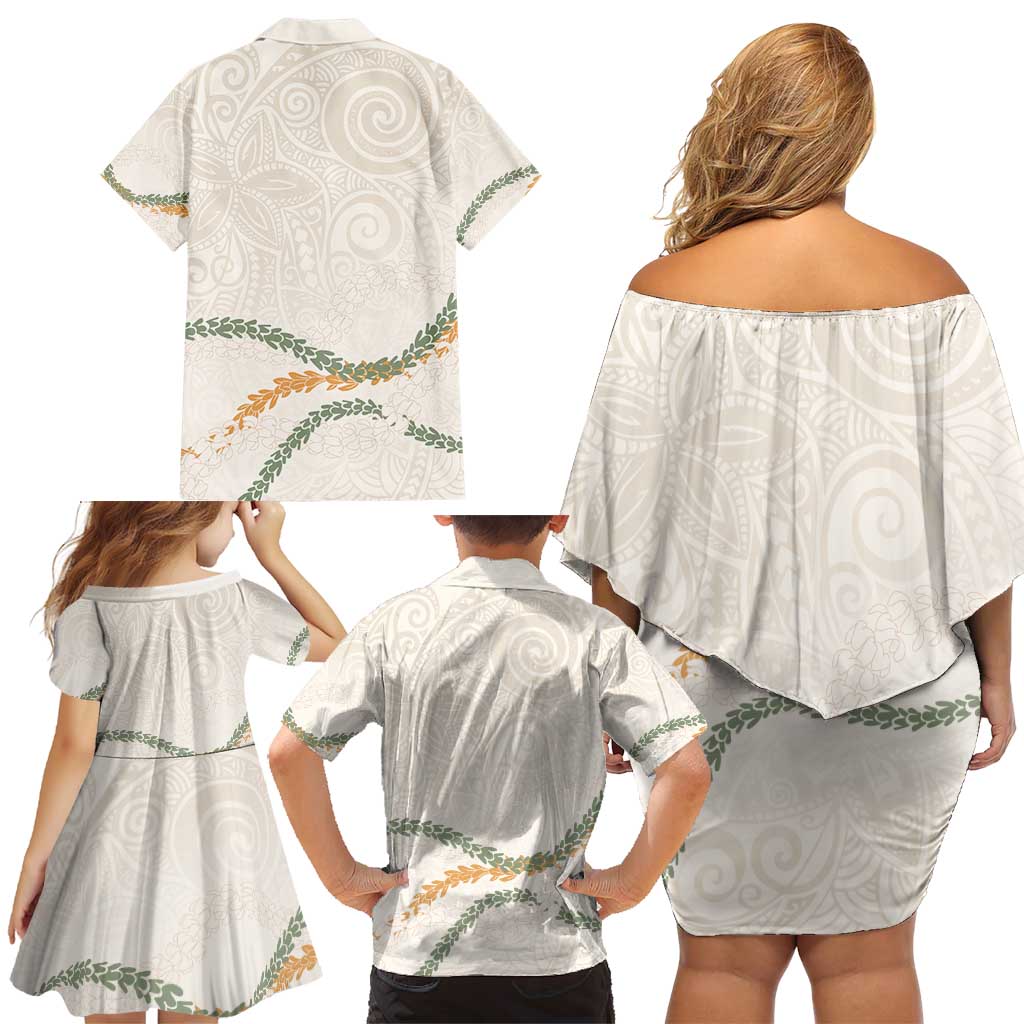 Aloha Lei Mikioi Family Matching Off Shoulder Short Dress and Hawaiian Shirt Beige Polynesian Tribal Tatau Pattern