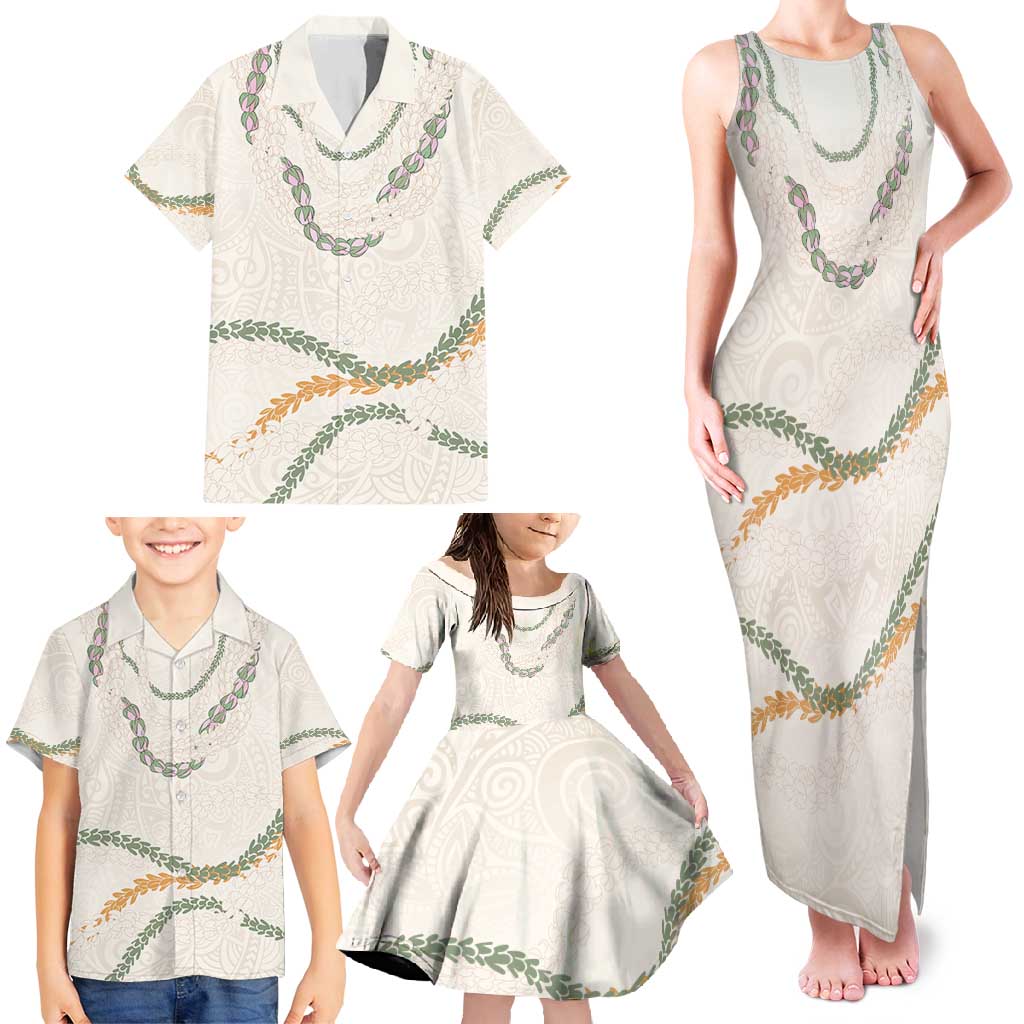 Aloha Lei Mikioi Family Matching Tank Maxi Dress and Hawaiian Shirt Beige Polynesian Tribal Tatau Pattern