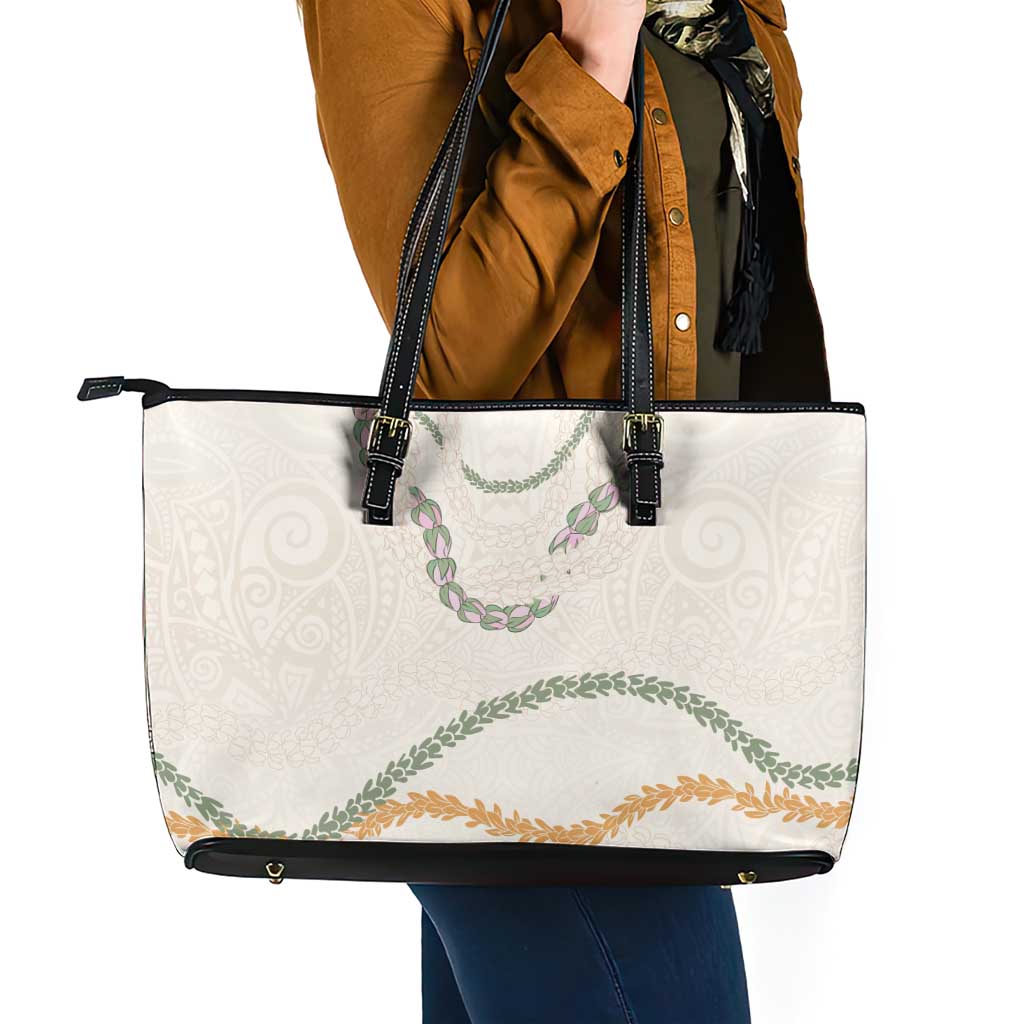 Aloha Lei Mikioi Leather Tote Bag Beige Polynesian Tribal Tatau Pattern
