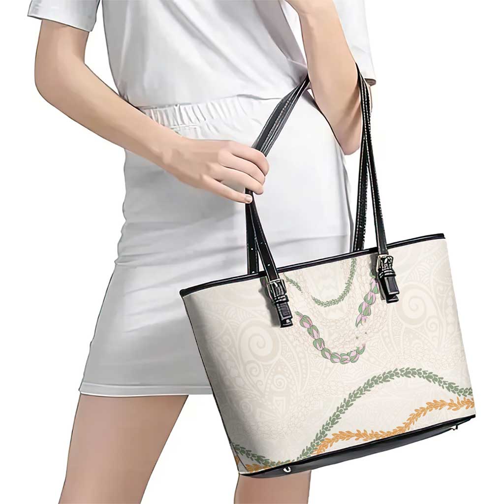Aloha Lei Mikioi Leather Tote Bag Beige Polynesian Tribal Tatau Pattern