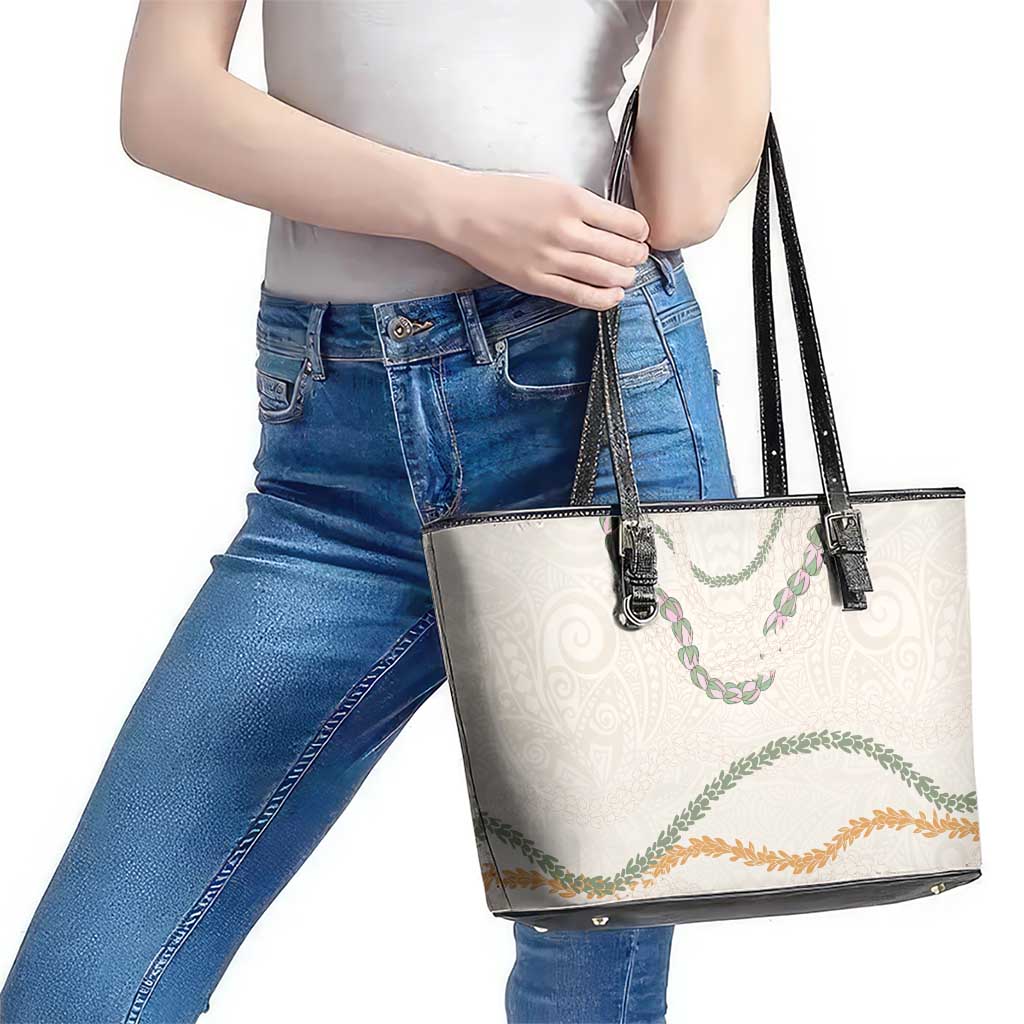Aloha Lei Mikioi Leather Tote Bag Beige Polynesian Tribal Tatau Pattern