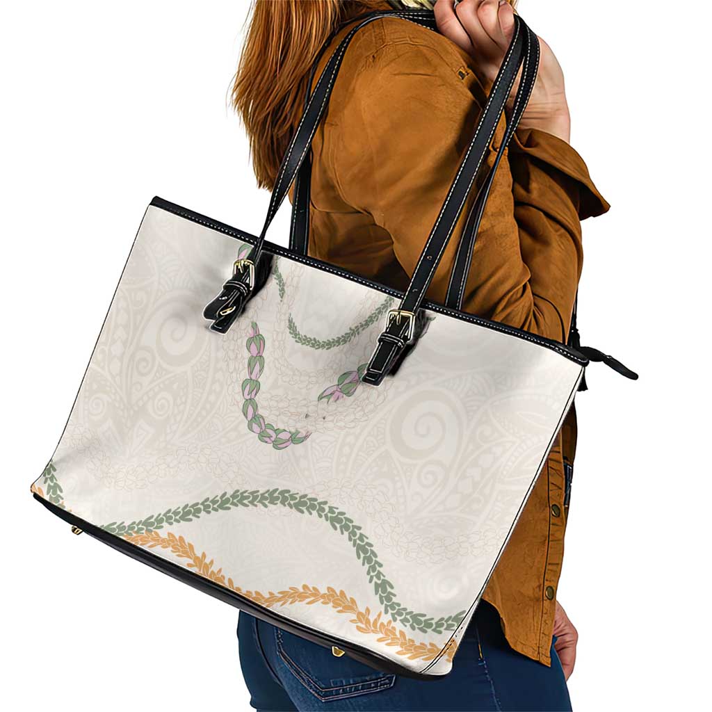 Aloha Lei Mikioi Leather Tote Bag Beige Polynesian Tribal Tatau Pattern