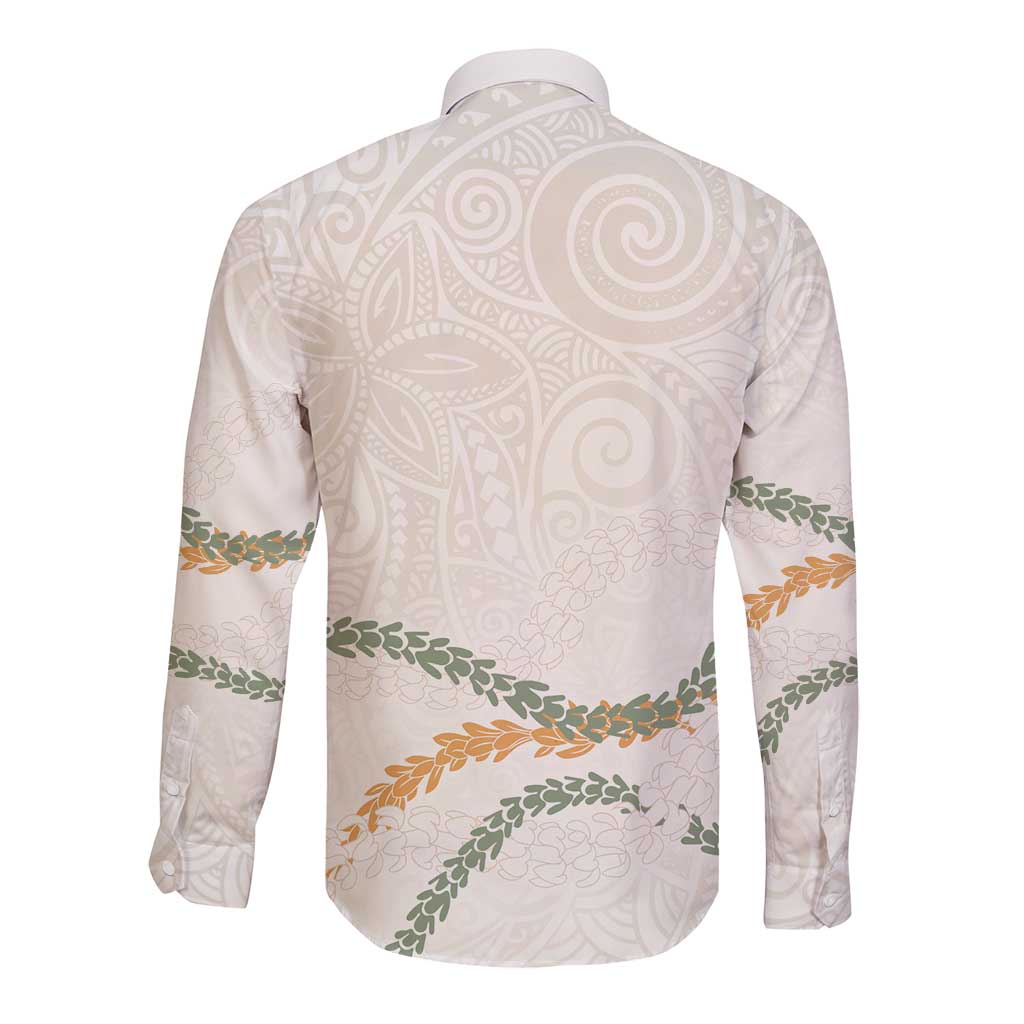Aloha Lei Mikioi Long Sleeve Button Shirt Beige Polynesian Tribal Tatau Pattern