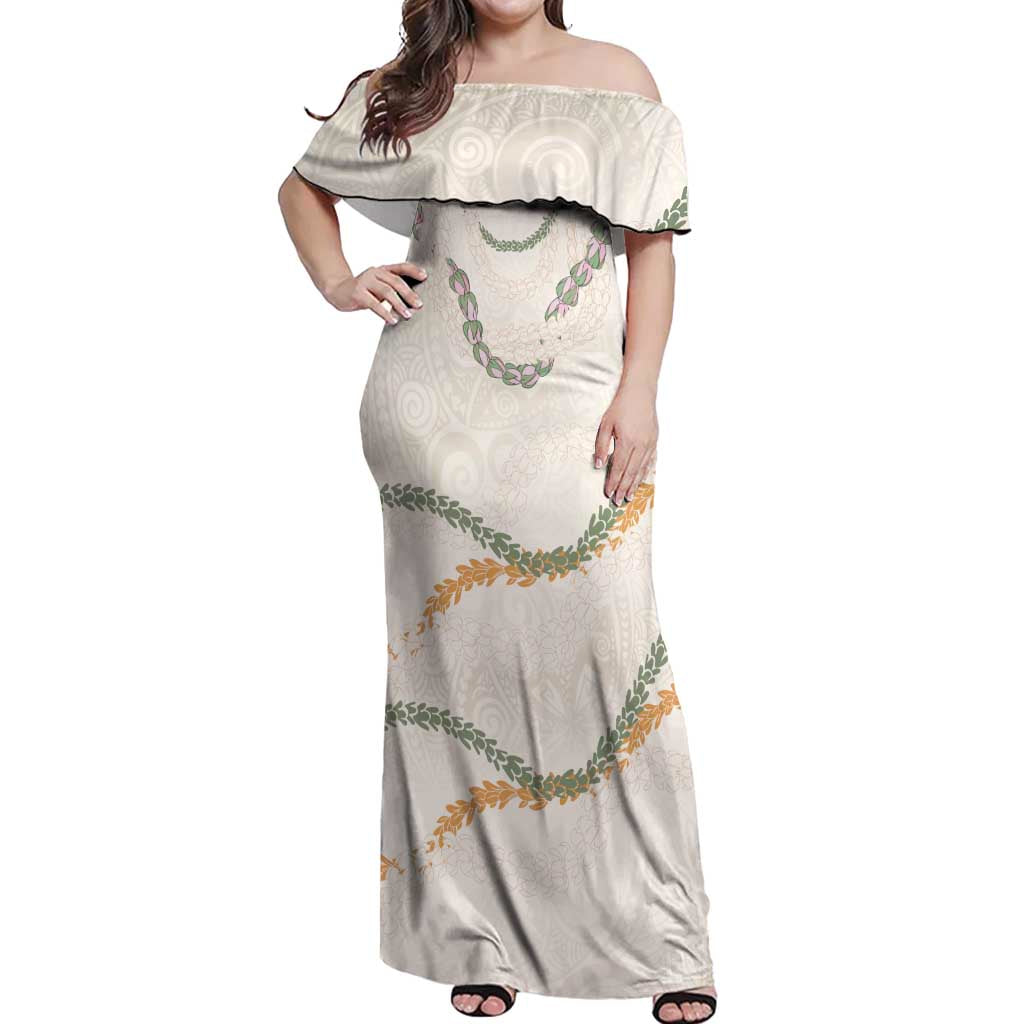 Aloha Lei Mikioi Off Shoulder Maxi Dress Beige Polynesian Tribal Tatau Pattern