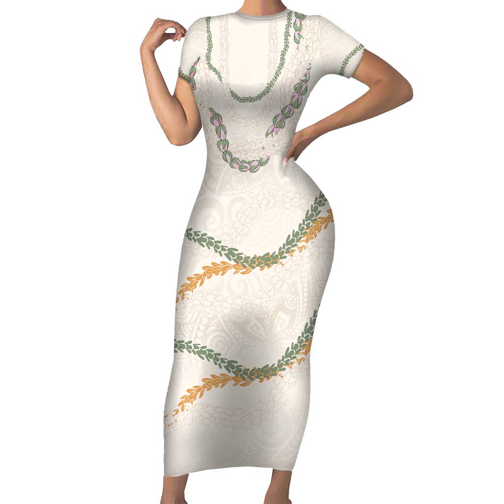 Aloha Lei Mikioi Short Sleeve Bodycon Dress Beige Polynesian Tribal Tatau Pattern