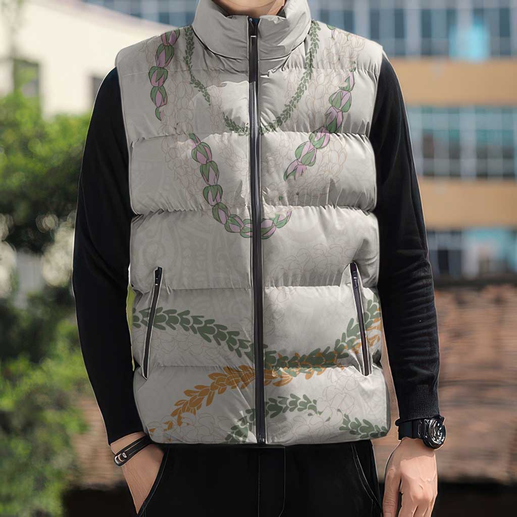 Aloha Lei Mikioi Sleeveless Puffer Jacket Beige Polynesian Tribal Tatau Pattern - Polynesian Pride