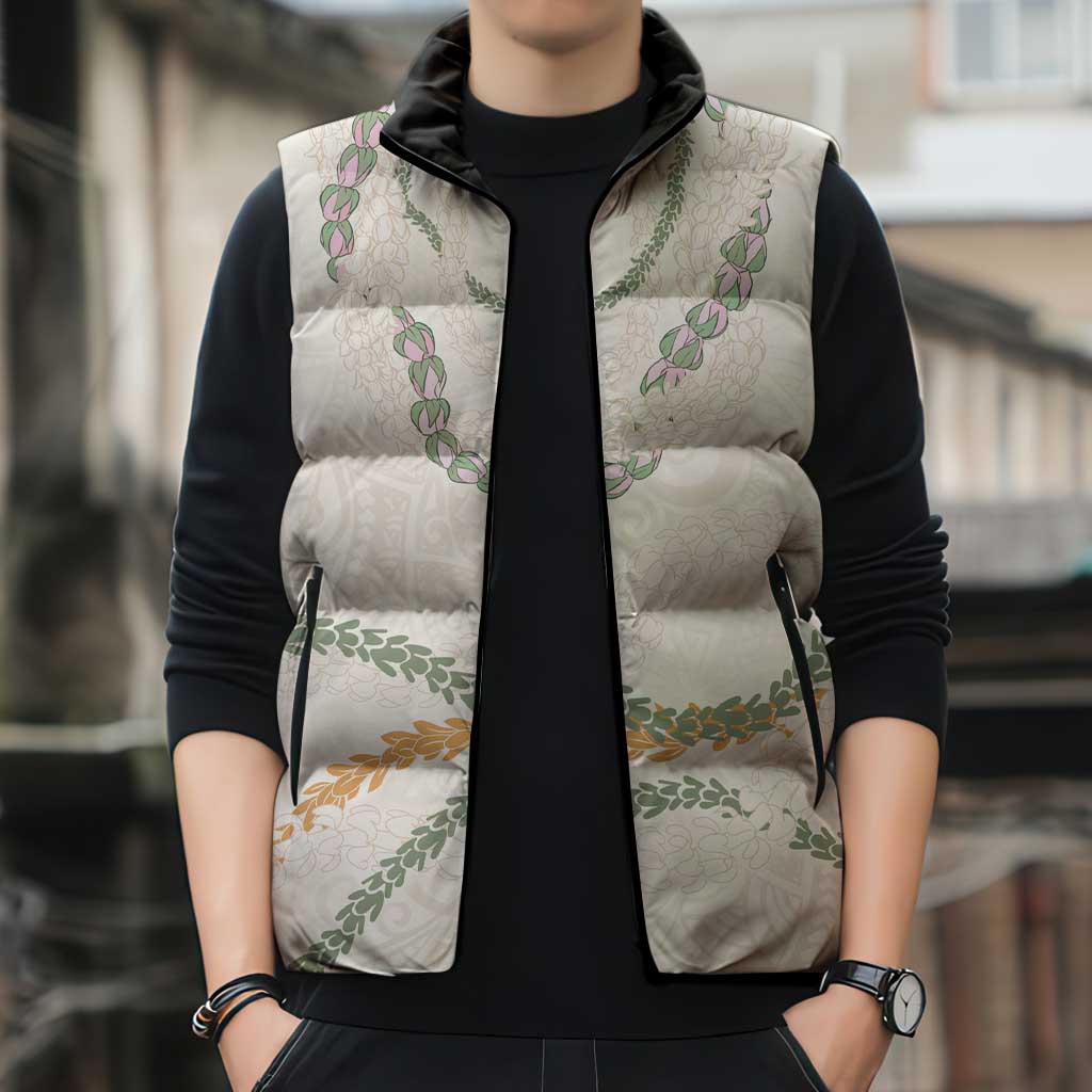 Aloha Lei Mikioi Sleeveless Puffer Jacket Beige Polynesian Tribal Tatau Pattern - Polynesian Pride