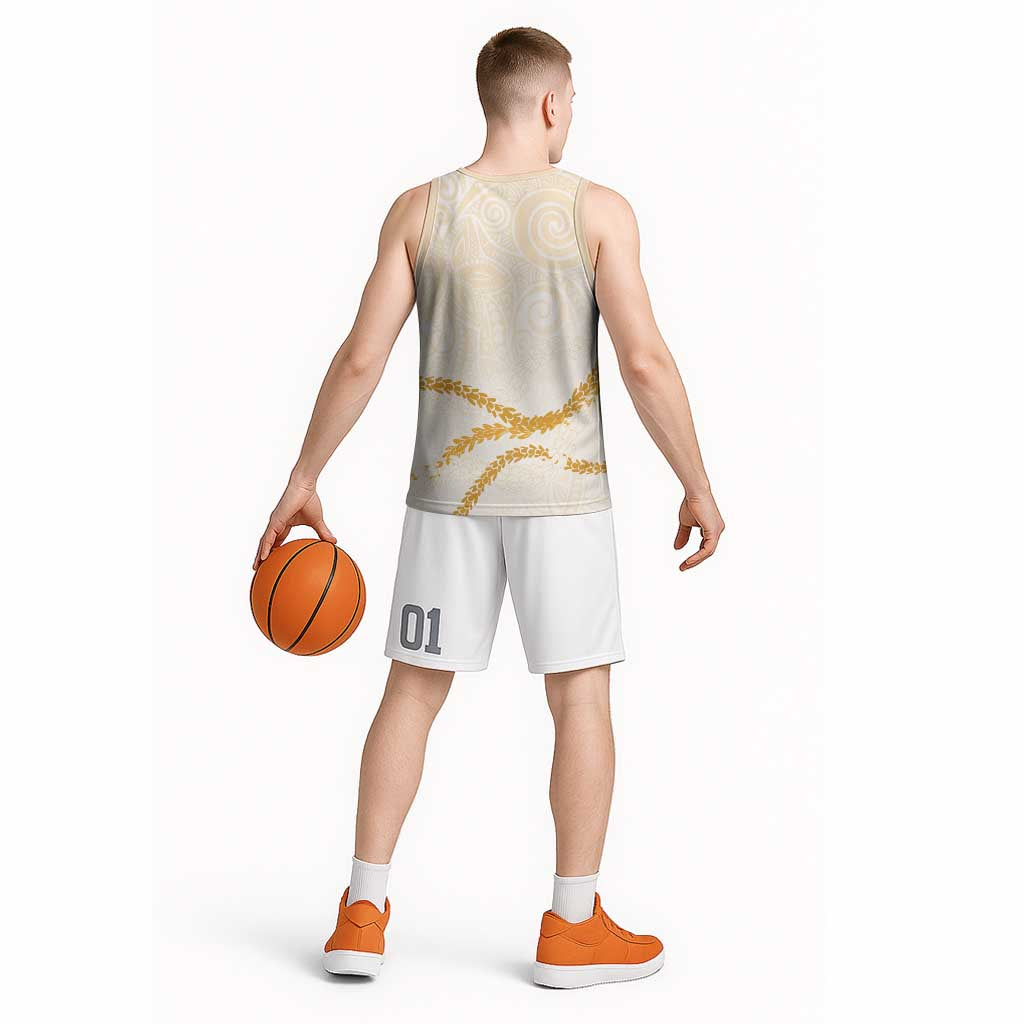 Aloha Lei Mikioi Basketball Jersey Gold Polynesian Tribal Tatau Pattern - Polynesian Pride