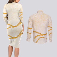 Aloha Lei Mikioi Couples Matching Long Sleeve Bodycon Dress and Long Sleeve Button Shirt Gold Polynesian Tribal Tatau Pattern