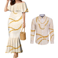 Aloha Lei Mikioi Couples Matching Mermaid Dress and Long Sleeve Button Shirt Gold Polynesian Tribal Tatau Pattern