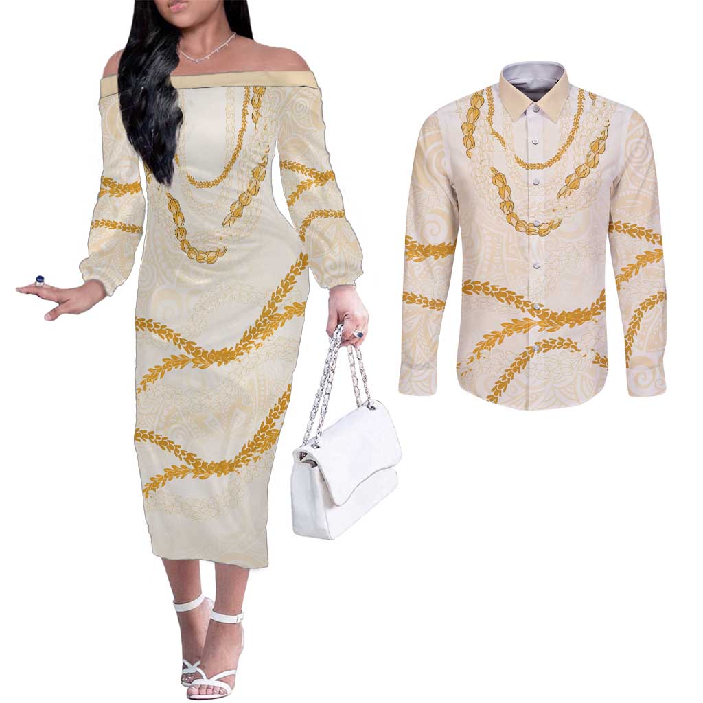 Aloha Lei Mikioi Couples Matching Off The Shoulder Long Sleeve Dress and Long Sleeve Button Shirt Gold Polynesian Tribal Tatau Pattern