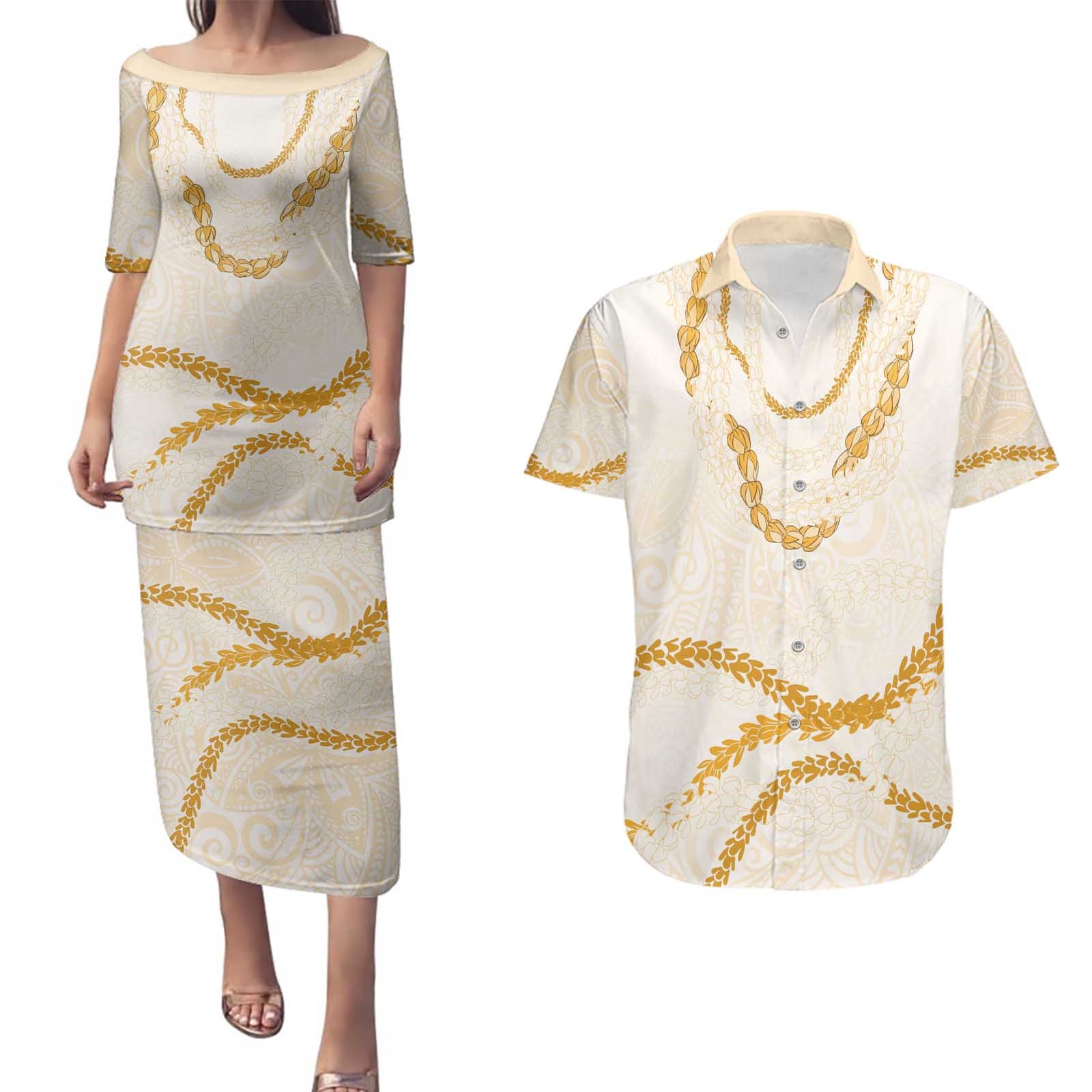 Aloha Lei Mikioi Couples Matching Puletasi and Hawaiian Shirt Gold Polynesian Tribal Tatau Pattern