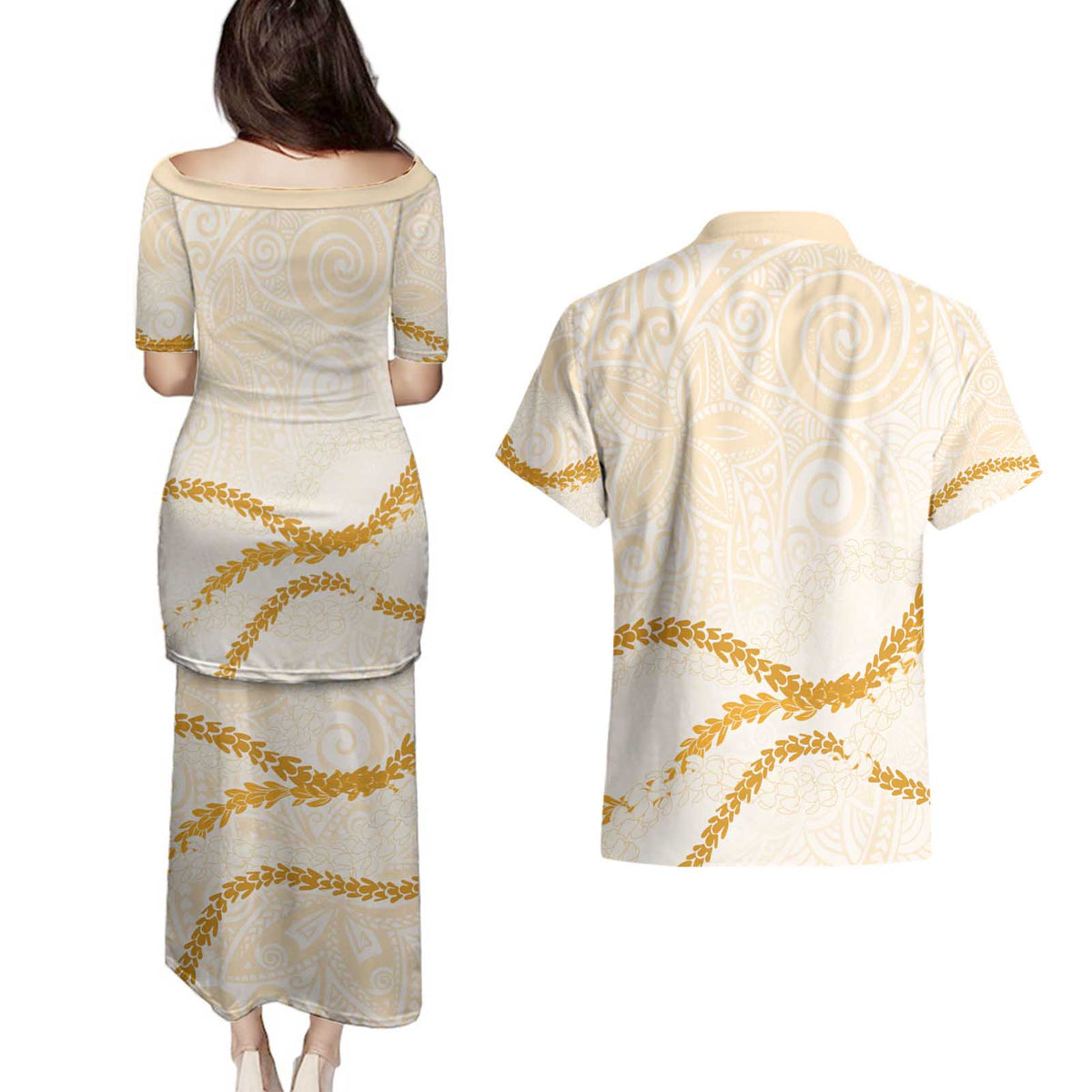 Aloha Lei Mikioi Couples Matching Puletasi and Hawaiian Shirt Gold Polynesian Tribal Tatau Pattern