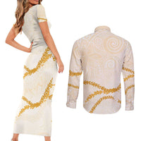 Aloha Lei Mikioi Couples Matching Short Sleeve Bodycon Dress and Long Sleeve Button Shirt Gold Polynesian Tribal Tatau Pattern