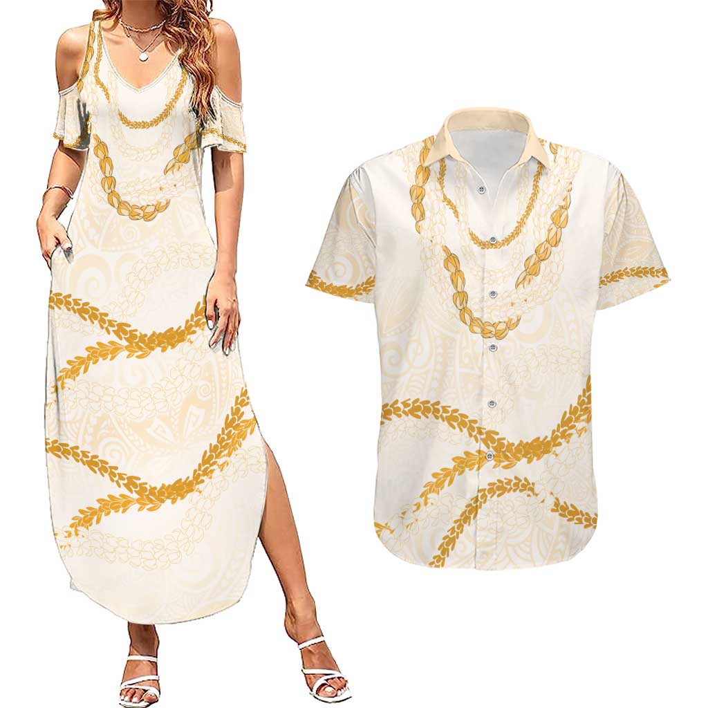 Aloha Lei Mikioi Couples Matching Summer Maxi Dress and Hawaiian Shirt Gold Polynesian Tribal Tatau Pattern