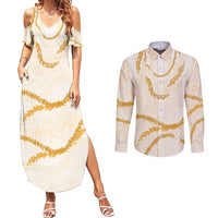 Aloha Lei Mikioi Couples Matching Summer Maxi Dress and Long Sleeve Button Shirt Gold Polynesian Tribal Tatau Pattern