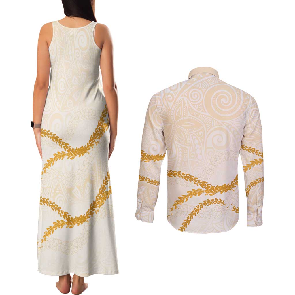 Aloha Lei Mikioi Couples Matching Tank Maxi Dress and Long Sleeve Button Shirt Gold Polynesian Tribal Tatau Pattern