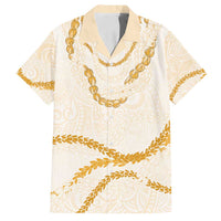 Aloha Lei Mikioi Family Matching Long Sleeve Bodycon Dress and Hawaiian Shirt Gold Polynesian Tribal Tatau Pattern