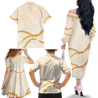 Aloha Lei Mikioi Family Matching Off The Shoulder Long Sleeve Dress and Hawaiian Shirt Gold Polynesian Tribal Tatau Pattern