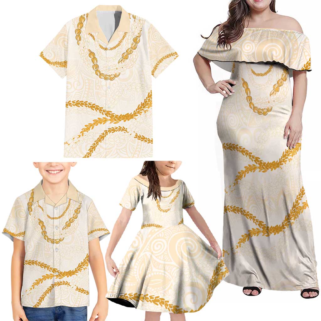 Aloha Lei Mikioi Family Matching Off Shoulder Maxi Dress and Hawaiian Shirt Gold Polynesian Tribal Tatau Pattern