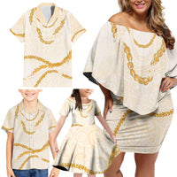 Aloha Lei Mikioi Family Matching Off Shoulder Short Dress and Hawaiian Shirt Gold Polynesian Tribal Tatau Pattern