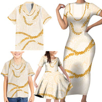 Aloha Lei Mikioi Family Matching Short Sleeve Bodycon Dress and Hawaiian Shirt Gold Polynesian Tribal Tatau Pattern