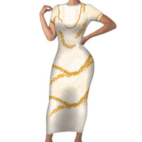 Aloha Lei Mikioi Family Matching Short Sleeve Bodycon Dress and Hawaiian Shirt Gold Polynesian Tribal Tatau Pattern