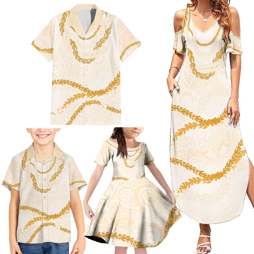 Aloha Lei Mikioi Family Matching Summer Maxi Dress and Hawaiian Shirt Gold Polynesian Tribal Tatau Pattern