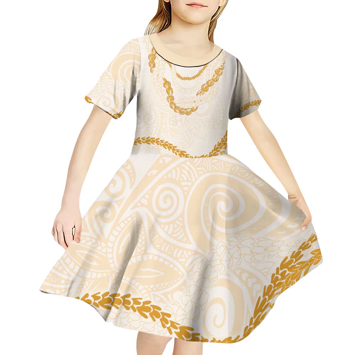 Aloha Lei Mikioi Kid Short Sleeve Dress Gold Polynesian Tribal Tatau Pattern