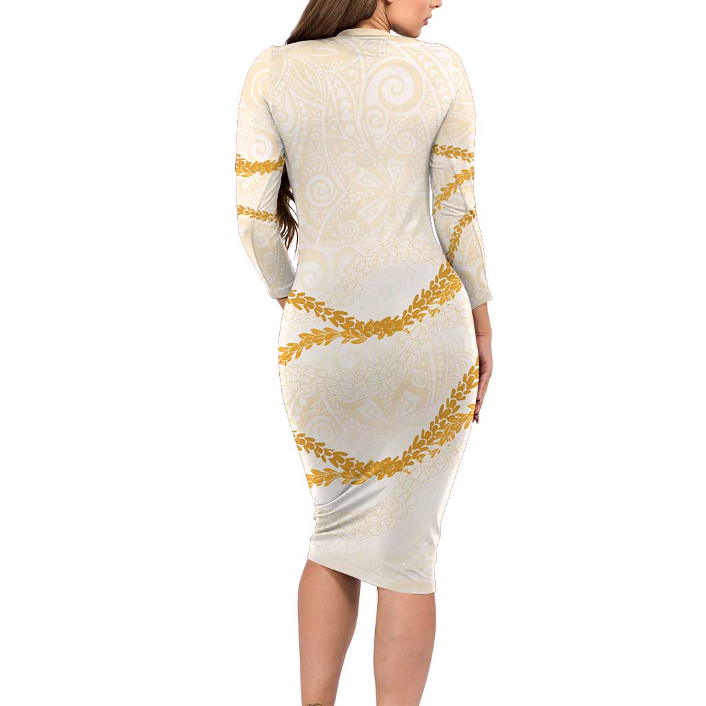 Aloha Lei Mikioi Long Sleeve Bodycon Dress Gold Polynesian Tribal Tatau Pattern