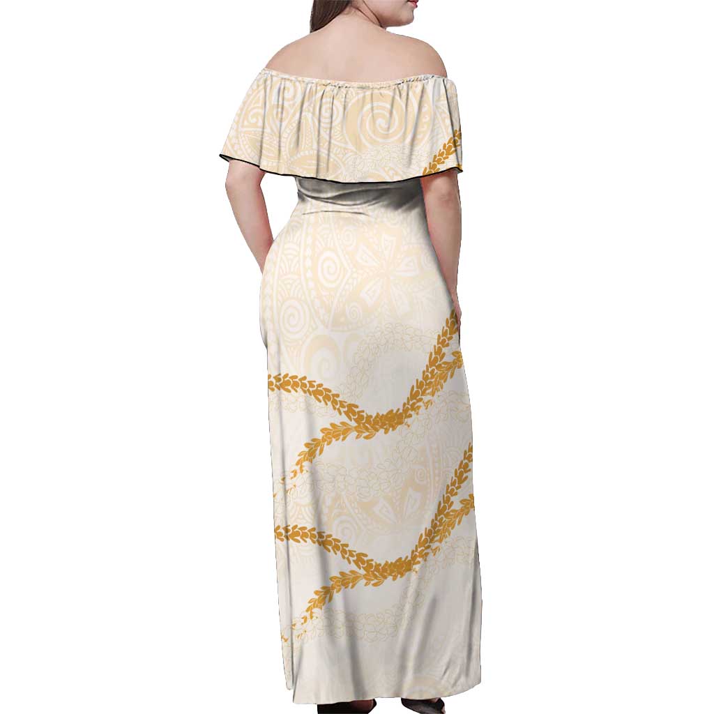 Aloha Lei Mikioi Off Shoulder Maxi Dress Gold Polynesian Tribal Tatau Pattern