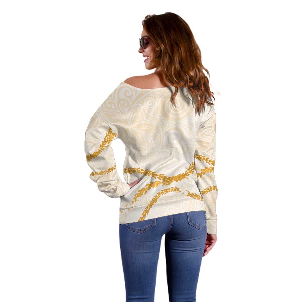 Aloha Lei Mikioi Off Shoulder Sweater Gold Polynesian Tribal Tatau Pattern